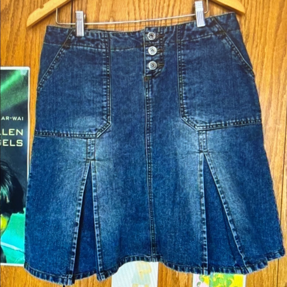 Denim A-Line Skirt with Front Buttons - Blue